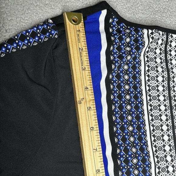 Susan Graver Shirt Womens Large Black Blue Liquid Knit Geometric Print Stretch - Picture 10 of 11
